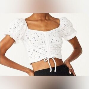 Juniors’ NWT SO Eyelet Cinch Front Puff Sleeve Cropped Top White Size XXL